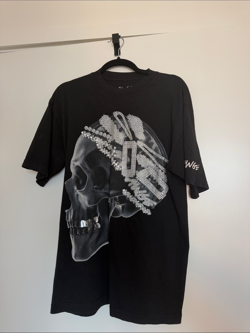 Asap rocky dont be dumb Men's Black Skull Graphic Tee with Embellished Design